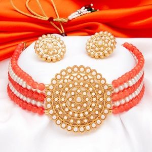 Lavish gold Plated choker necklace set in orange white